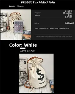 Detail view of white canvas drawstring bucket bag showing 20x20x35cm dimensions and scale