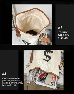 Detail view of the large capacity canvas bucket bag showing storage for daily items