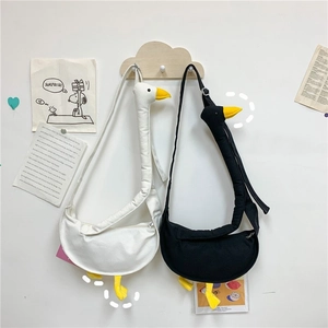 Simpatica borsa a tracolla in tela a forma di oca in stili bianco e nero con collo lungo