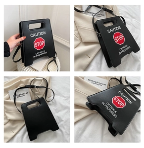 Détails du sac en cuir PU noir avec imprimé STOP et design trapèze original