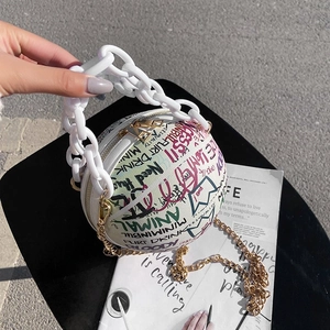 Basketball Shaped Bag Graffiti Print PU Leather Streetwear Crossbody Handbag With Detachable Plastic Metal Chain Strap