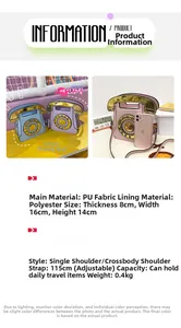 Vue détaillée du sac original en forme de téléphone avec dimensions et texture PU