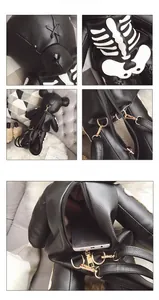 Detail view of teddy bear backpack with skeleton embroidery and golden hardware accents