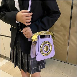 Sac bandoulière créatif en forme de téléphone violet vintage avec cadran doré
