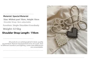 Detailed view of heart-shaped beaded mini bag with 110cm strap and 10x10cm dimensions
