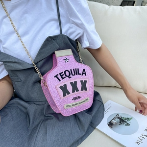Pink glitter tequila bottle cross-body bag with gold metal chain for summer fashion