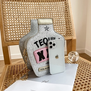 Creative silver glitter tequila bottle crossbody bag with gold chain strap for women