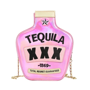 Creative pink laser sequin Tequila bottle crossbody bag with golden chain strap