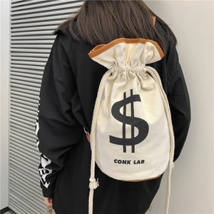 Women Canvas Drawstring Bucket Bag With Faux Leather Trim Streetwear Dollar Sign Print Casual Shoulder Backpack For Daily