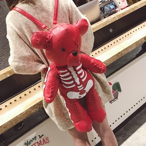 Red bear PU leather backpack featuring a white skeleton print and gold hardware for women