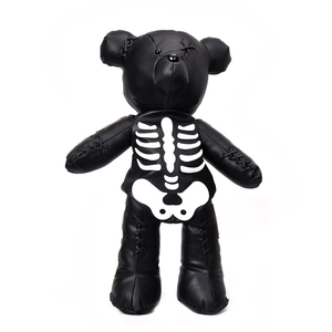 Gothic PU leather skeleton teddy bear backpack in black and white with cross stitching