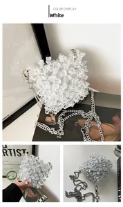 Close-up of white acrylic beaded mini bag with ice-crystal texture and silver chain