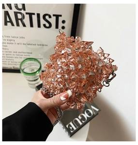 Detail of amber acrylic crystal pieces on a mini chain bag with silver metallic hardware