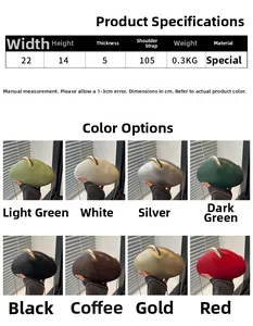 Size guide for oval acrylic clutch featuring 22x14cm dimensions and 8 color options