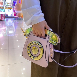 Sac à main rétro en forme de téléphone rose avec détails dorés pour filles et femmes