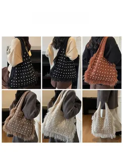 Detail of four-color knit shoulder bags featuring pearl accents and long bohemian tassels