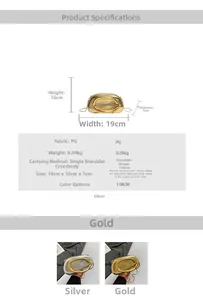 Detailed dimension chart for oval metal clutch bag with horseshoe handle and chain strap