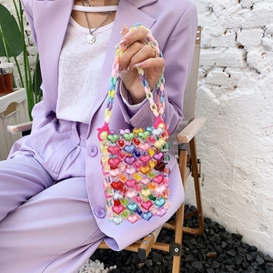 Handmade colorful heart beaded handbag with acrylic ring chain for summer fashion
