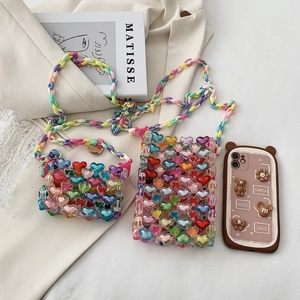 Handmade colorful heart beaded handbag and mini crossbody bag set in jelly colors