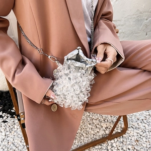 Mini acrylic woven crossbody bag with silver lining and clover chain strap for women