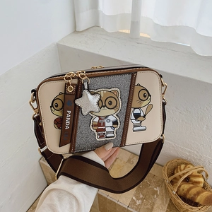 Cartoon Animal Print Crossbody Camera Bag PU Leather Color Block Small Square Shoulder Bag With Wide Strap And Star Pendant