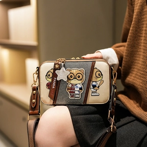 Cute panda crossbody camera bag in retro beige and grey patchwork with cartoon patches
