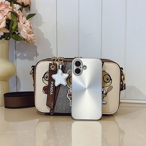 Fashionable beige and brown color-block crossbody bag with cartoon squirrel and star charm