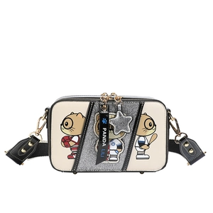 Cute contrast camera bag with cartoon cats and a wide shoulder strap in off-white and black