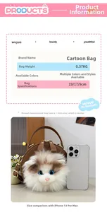 Detail view of round cat plush handbag size comparison with a smartphone