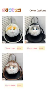 Detailed color show of round plush cat bags in white, black, and brown with 3D cat heads