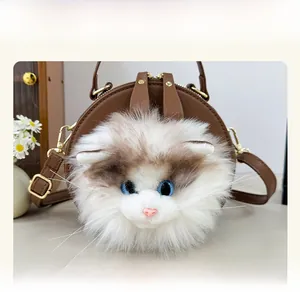 Close-up of a 3D plush ragdoll cat head on a brown PU leather round crossbody bag