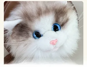 Close-up of a cute plush cat bag featuring realistic blue eyes and soft faux fur texture