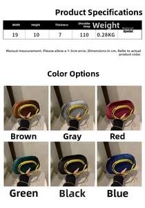 Detailed chart showing velvet clutch bags in six colors with metallic C-shaped handles