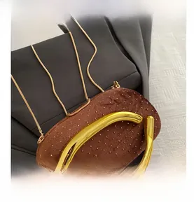 Close-up of brown velvet clutch bag with gold studs and semi-circular metal handle