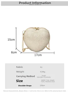 Size chart for heart-shaped glitter purse showing 17x15x6cm dimensions and gold chain