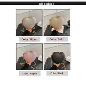 Four colors of heart-shaped sequin evening bags with gold chains in silver, gold, purple, and black