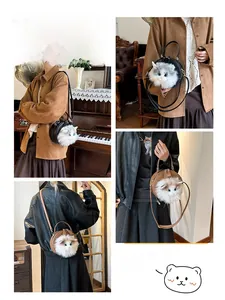 Detail of 3D plush cat head design on a round leather crossbody bag shown from multiple angles