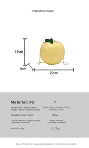 Detailed dimensions of yellow apple bag with 130cm chain strap and PU leather texture