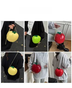 Detailed views of creative apple-shaped mini bags in red, yellow, and green glossy finish