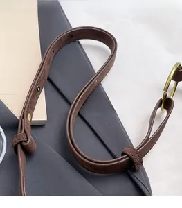 Close-up of brown suede shoulder strap with golden metal buckle and stitching detail