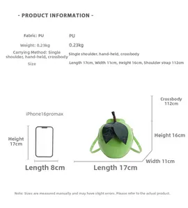 Size guide for apple shaped PU leather bag with dimensions and phone comparison