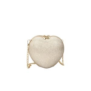 Champagne gold heart shaped clutch bag with glitter texture and gold chain strap