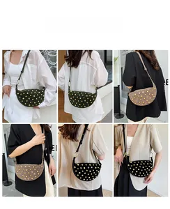 Detailed views of crescent shoulder bags with gold rivets shown on models in various outfits