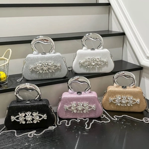 Sparkling rhinestone dinner clutch bags in five colors with metal top handles and chain straps