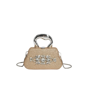 Champagne sequin evening bag with sparkling rhinestone flower pattern and metal handle