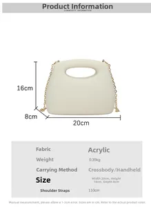 Detailed size chart of cream acrylic evening bag with gold chain strap and top handle