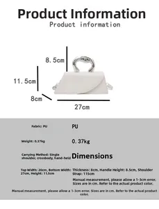 Detailed size chart for white PU leather crossbody bag showing dimensions and metallic handle