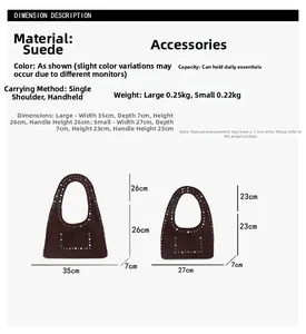 Detailed size guide for suede rivet shoulder bags showing dimensions and carry options