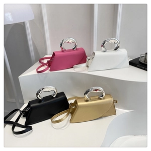 Chic trapezoid PU leather bags in rose, white, black, and gold with metal handles