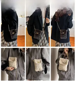 Detailed views of plush crossbody bags showing fur texture, gold chain and metal buckle